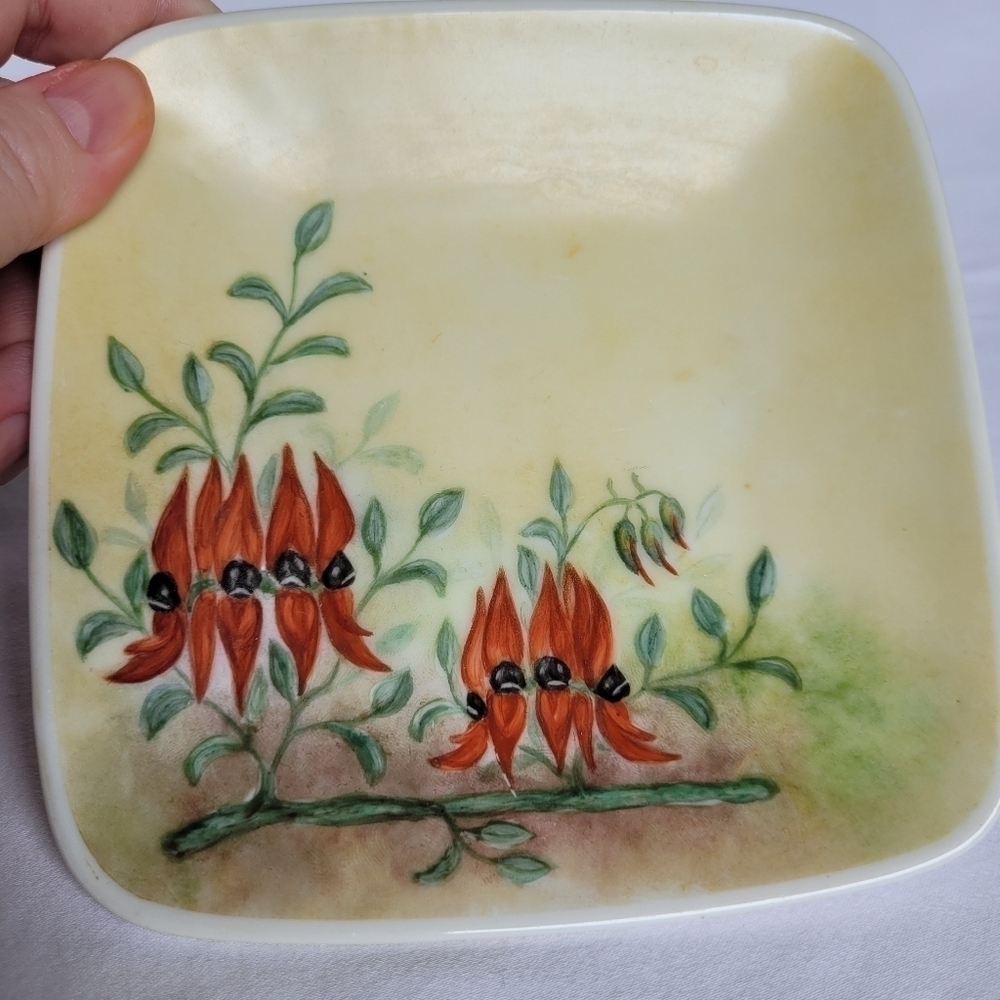 West Australian Sturt Pea Hand Painted Flowers on Small Trinket Dish Signed